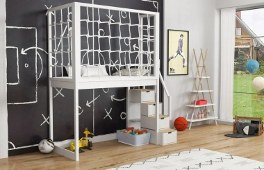 Hochbett, Kinderbett RONI mit Treppe und Schnurnetz