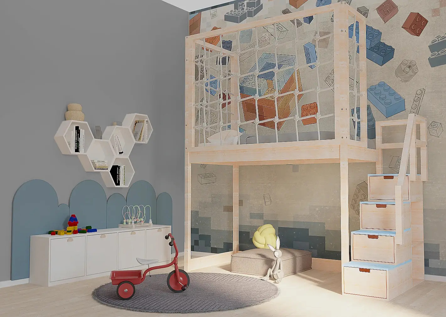 Hochbett, Kinderbett RONI mit Treppe und Schnurnetz - Kubuk Moebel
