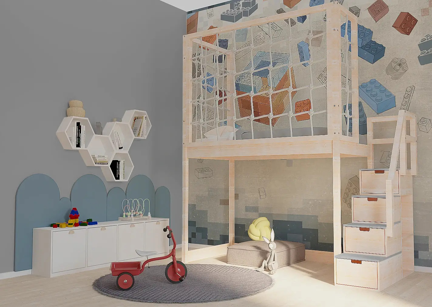 Hochbett, Kinderbett RONI mit Treppe und Schnurnetz - Kubuk Moebel