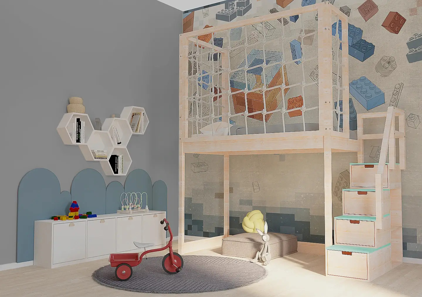 Hochbett, Kinderbett RONI mit Treppe und Schnurnetz - Kubuk Moebel