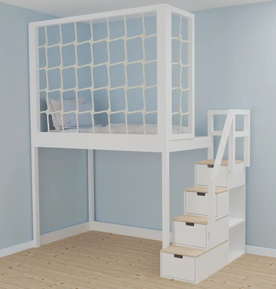 Hochbett, Kinderbett RONI mit Treppe und Schnurnetz - Kubuk Moebel