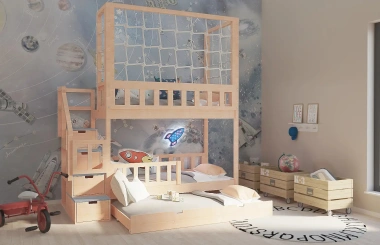 Etagenbett, Kinderbett RONALDO mit Treppe und Schnurnetz
