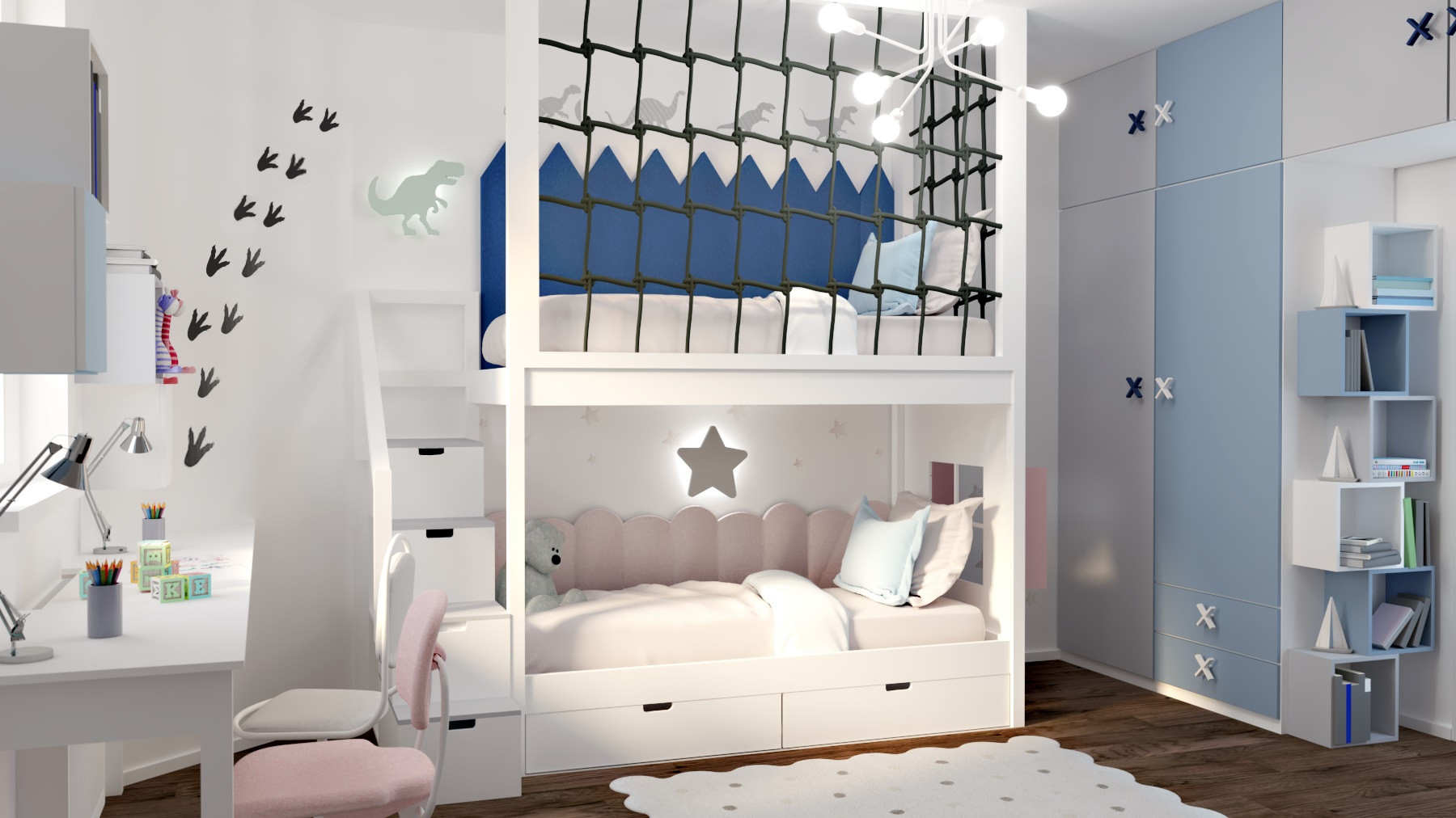 Etagenbett, Kinderbett RONALDO mit Treppe und Schnurnetz - Kubuk Moebel