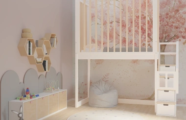 Hochbett, Kinderbett FRANK mit Gitterschutz und Treppe