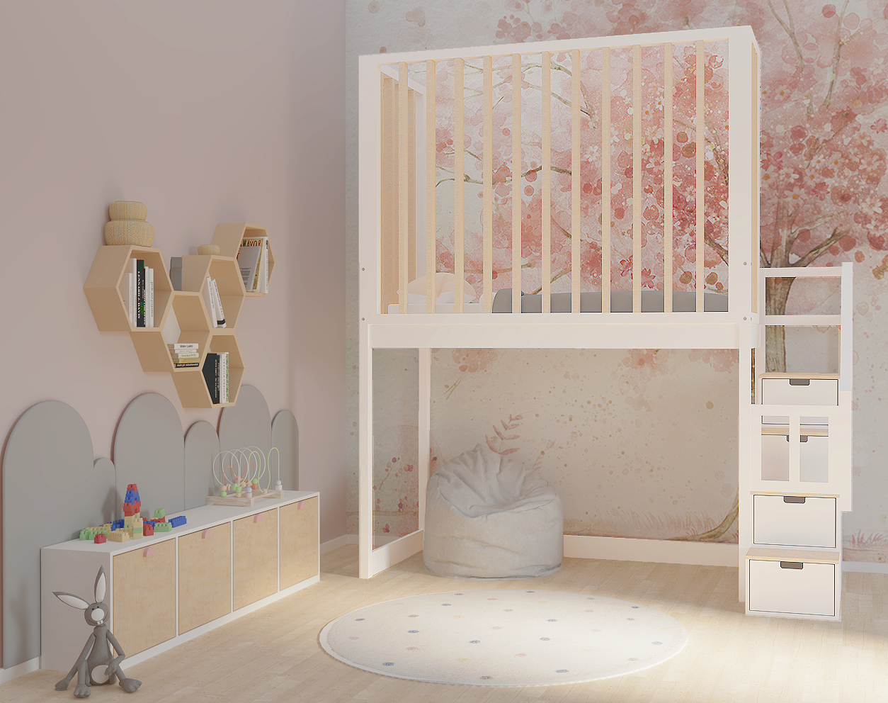 Hochbett, Kinderbett FRANK mit Gitterschutz und Treppe - Kubuk Moebel