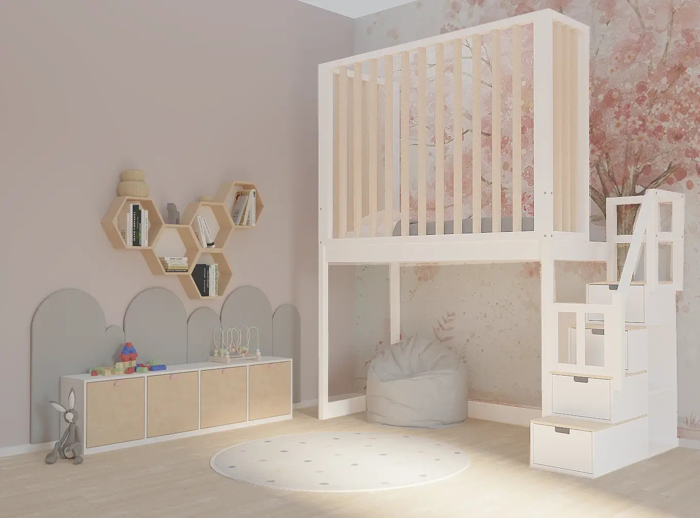 Hochbett, Kinderbett FRANK mit Gitterschutz und Treppe - Kubuk Moebel
