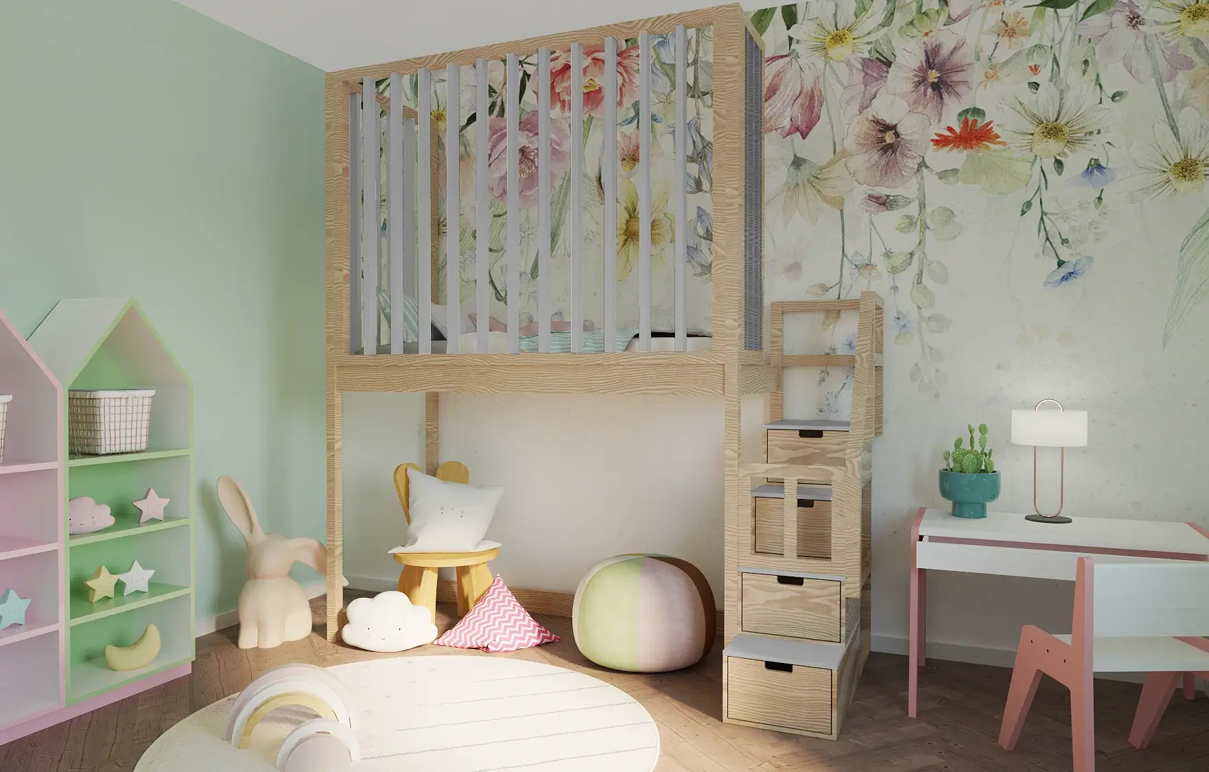 Hochbett, Kinderbett FRANK mit Gitterschutz und Treppe - Kubuk Moebel