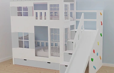Hausbett, Spielbett KJARA PLUS mit vollem Dach, Rutsche und Kletterwand