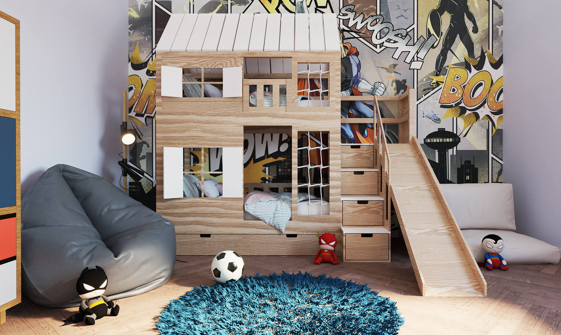 Hausbett, Spielbett KJARA PLUS mit vollem Dach, Rutsche und Kletterwand - Kubuk Moebel