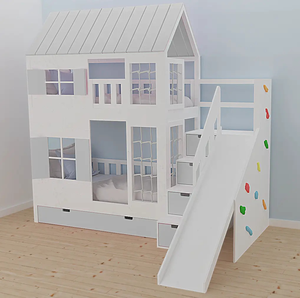 Hausbett, Spielbett KJARA PLUS mit vollem Dach, Rutsche und Kletterwand - Kubuk Moebel