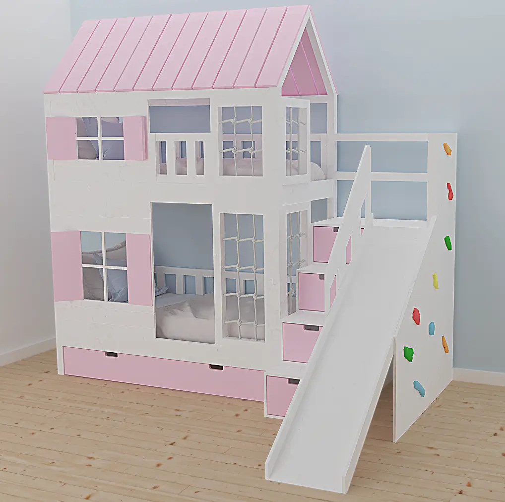 Hausbett, Spielbett KJARA PLUS mit vollem Dach, Rutsche und Kletterwand - Kubuk Moebel