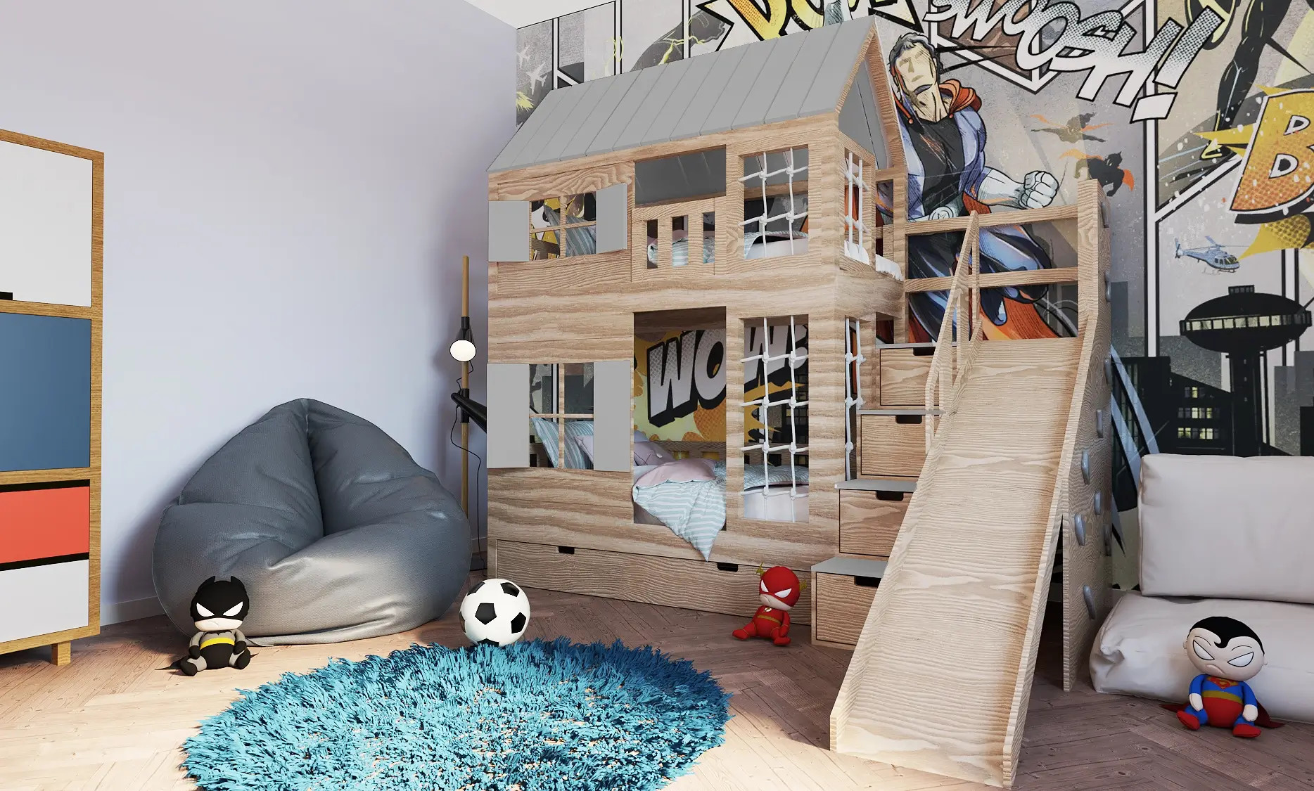 Hausbett, Spielbett KJARA PLUS mit vollem Dach, Rutsche und Kletterwand - Kubuk Moebel