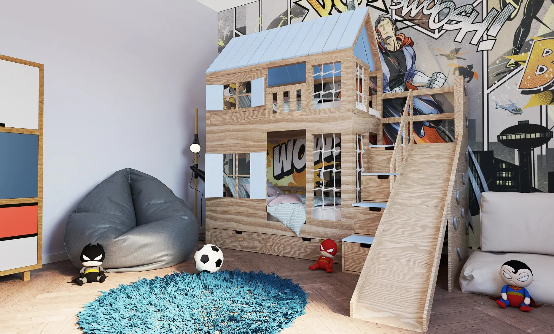Hausbett, Spielbett KJARA PLUS mit vollem Dach, Rutsche und Kletterwand - Kubuk Moebel