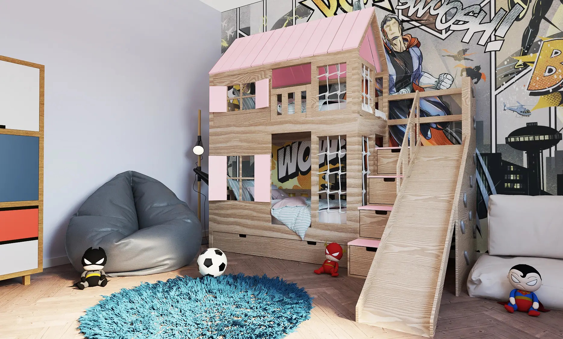 Hausbett, Spielbett KJARA PLUS mit vollem Dach, Rutsche und Kletterwand - Kubuk Moebel