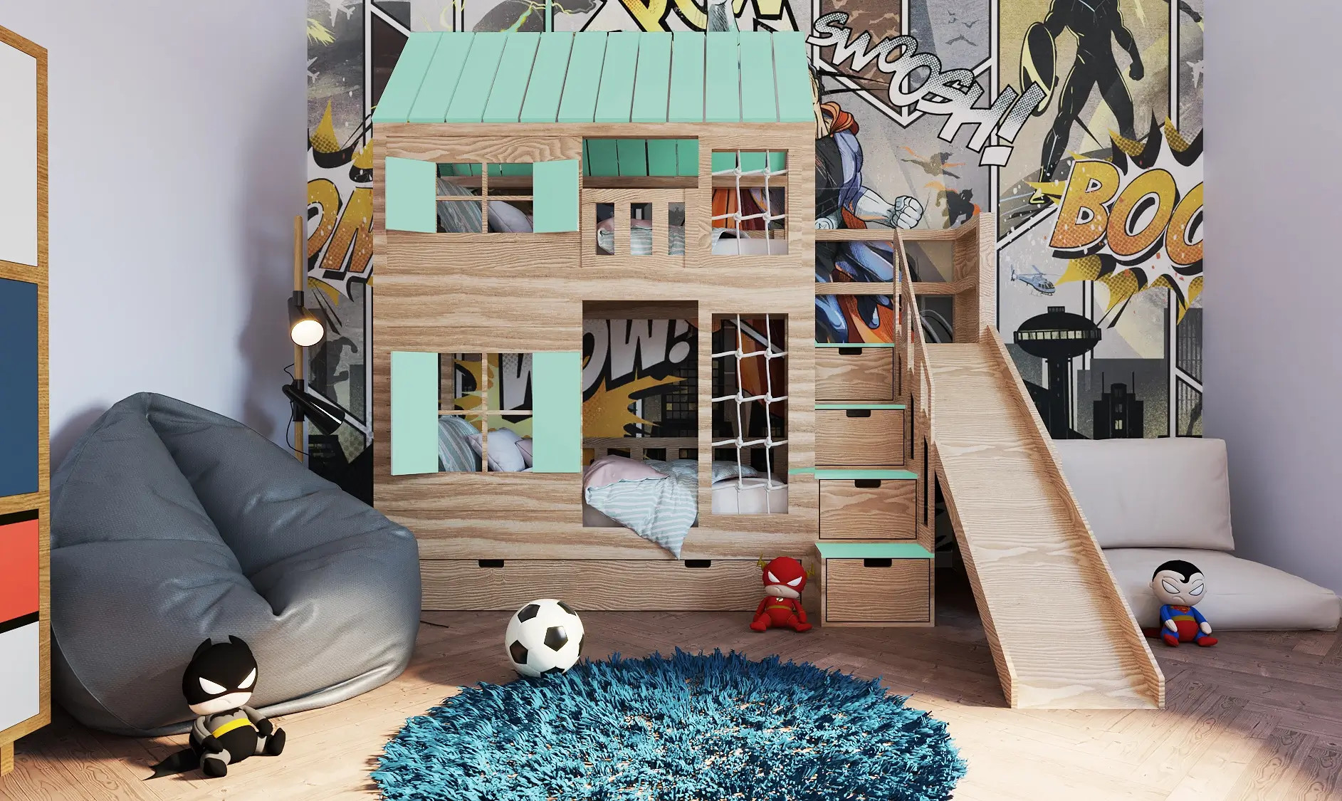 Hausbett, Spielbett KJARA PLUS mit vollem Dach, Rutsche und Kletterwand - Kubuk Moebel