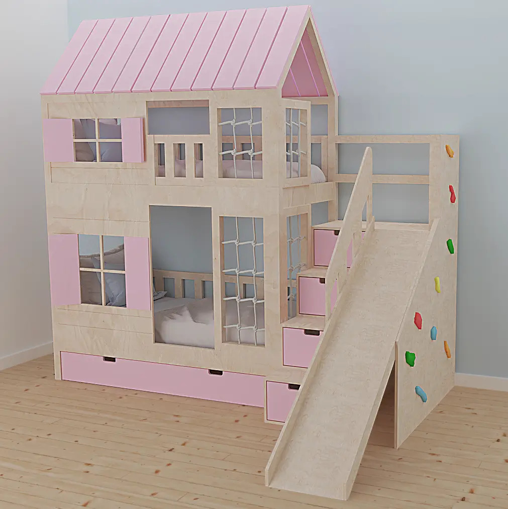 Hausbett, Spielbett KJARA PLUS mit vollem Dach, Rutsche und Kletterwand - Kubuk Moebel