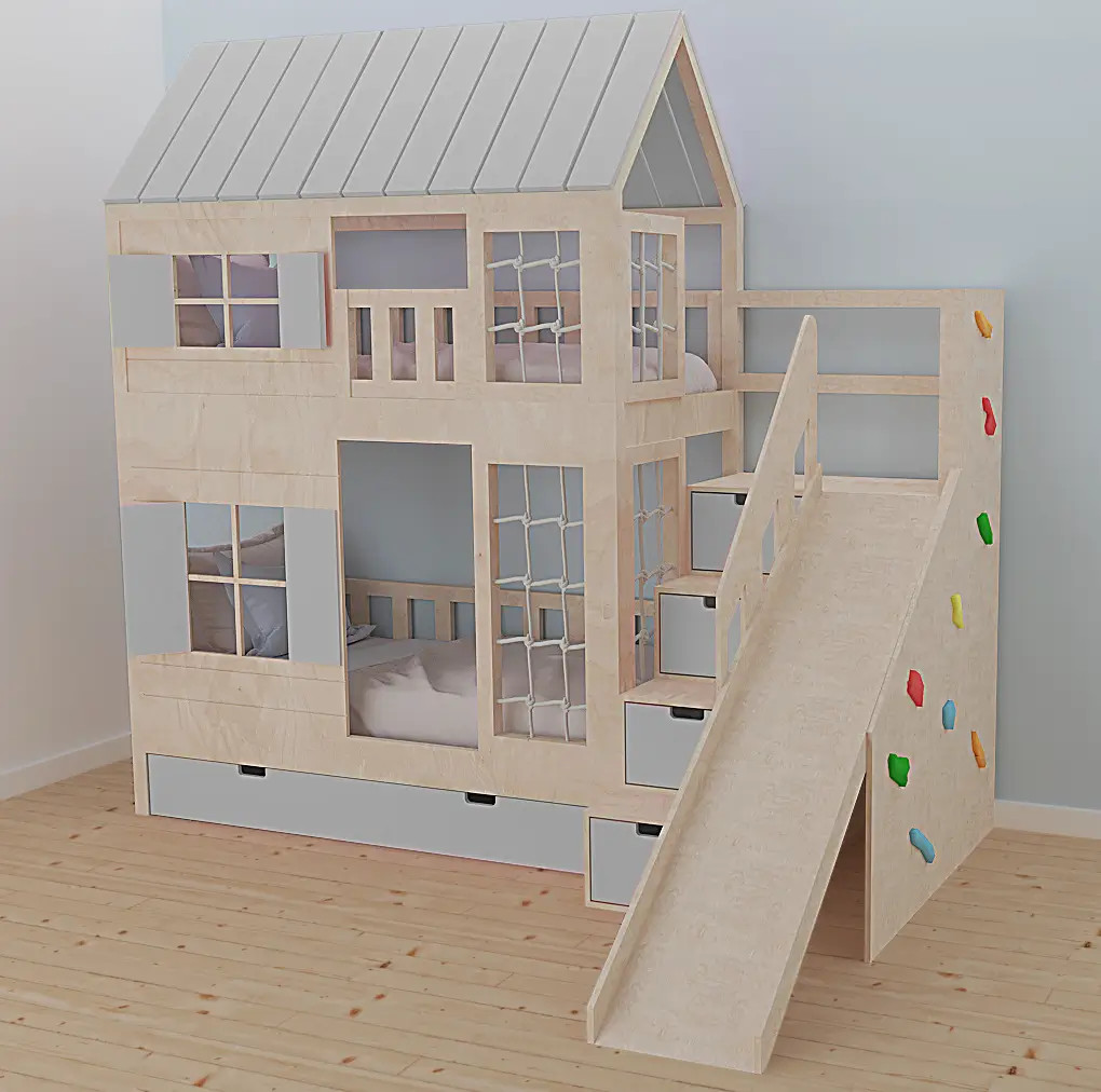 Hausbett, Spielbett KJARA PLUS mit vollem Dach, Rutsche und Kletterwand - Kubuk Moebel