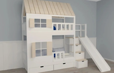 Hausbett, Spielbett KJARA mit vollem Dach und Rutsche
