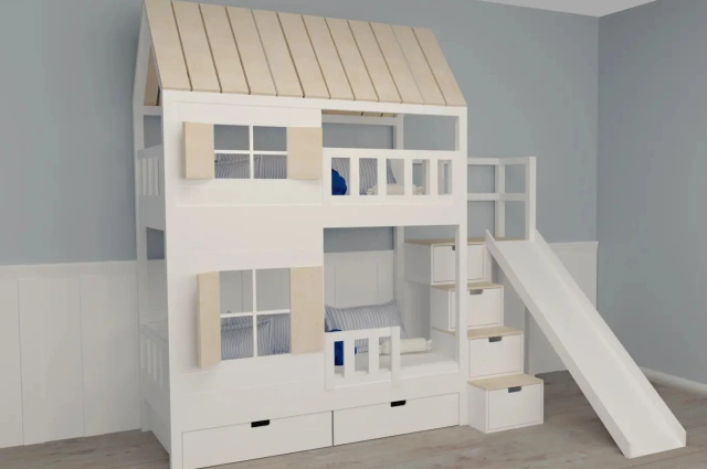 Hausbett, Spielbett KJARA mit vollem Dach und Rutsche - Kubuk Moebel