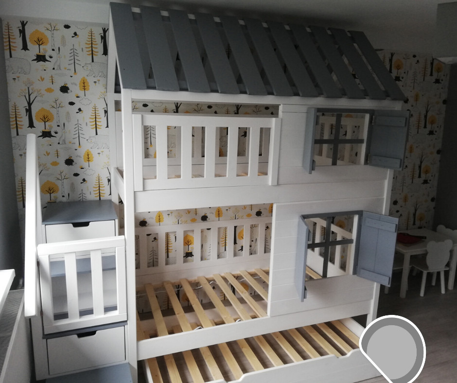 Hausbett, Spielbett KJARA mit vollem Dach und Rutsche - Kubuk Moebel