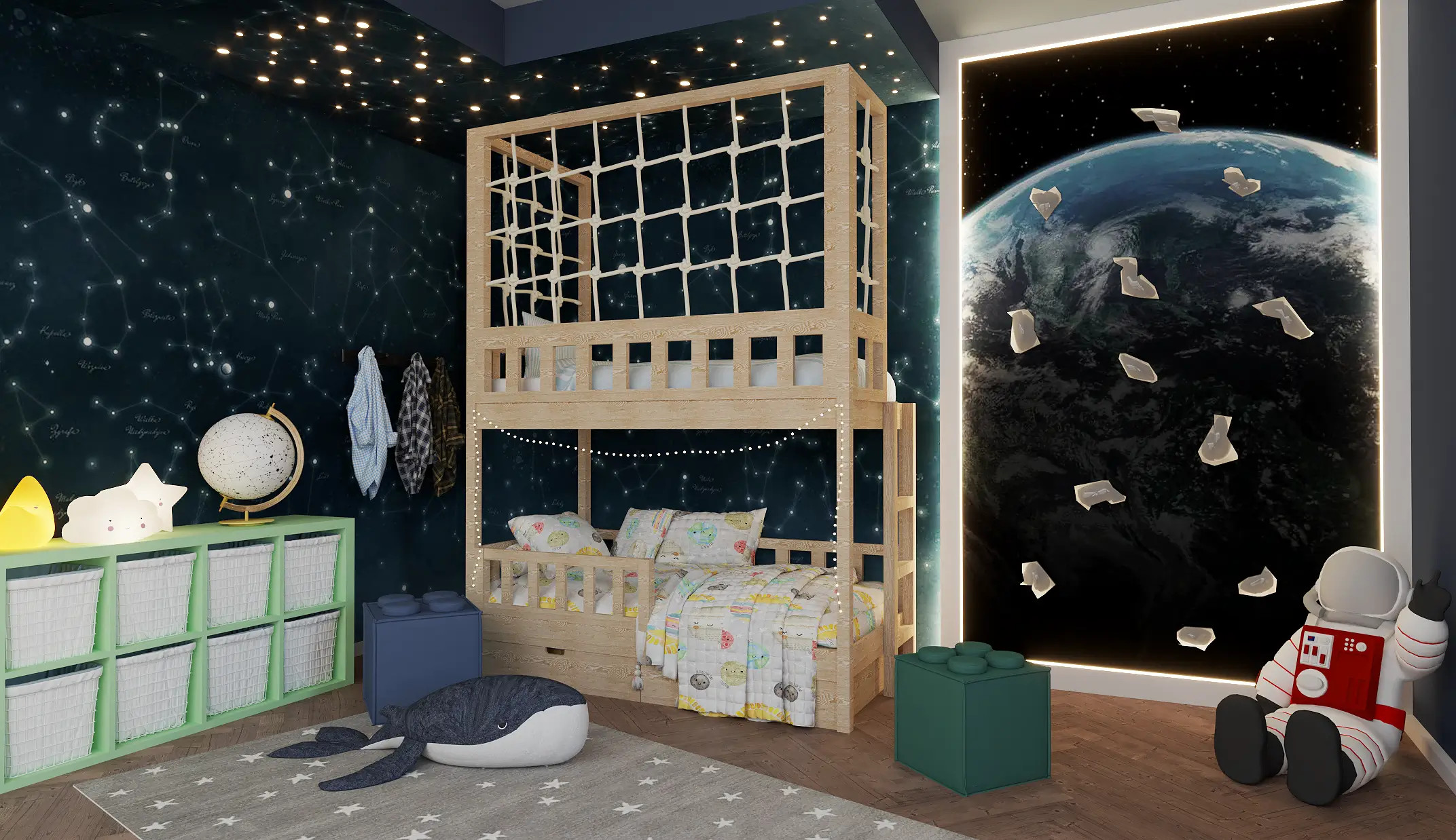 Etagenbett, Kinderbett RICO mit Leiter und Schnurnetz - Kubuk Moebel