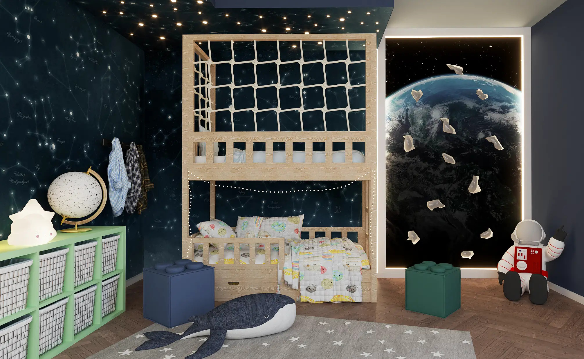 Etagenbett, Kinderbett RICO mit Leiter und Schnurnetz - Kubuk Moebel