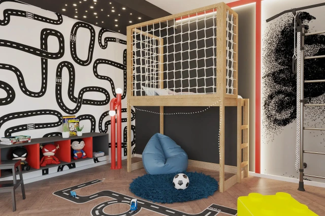 Etagenbett, Kinderbett ROBIN mit Leiter und Schnurnetz - Kubuk Moebel