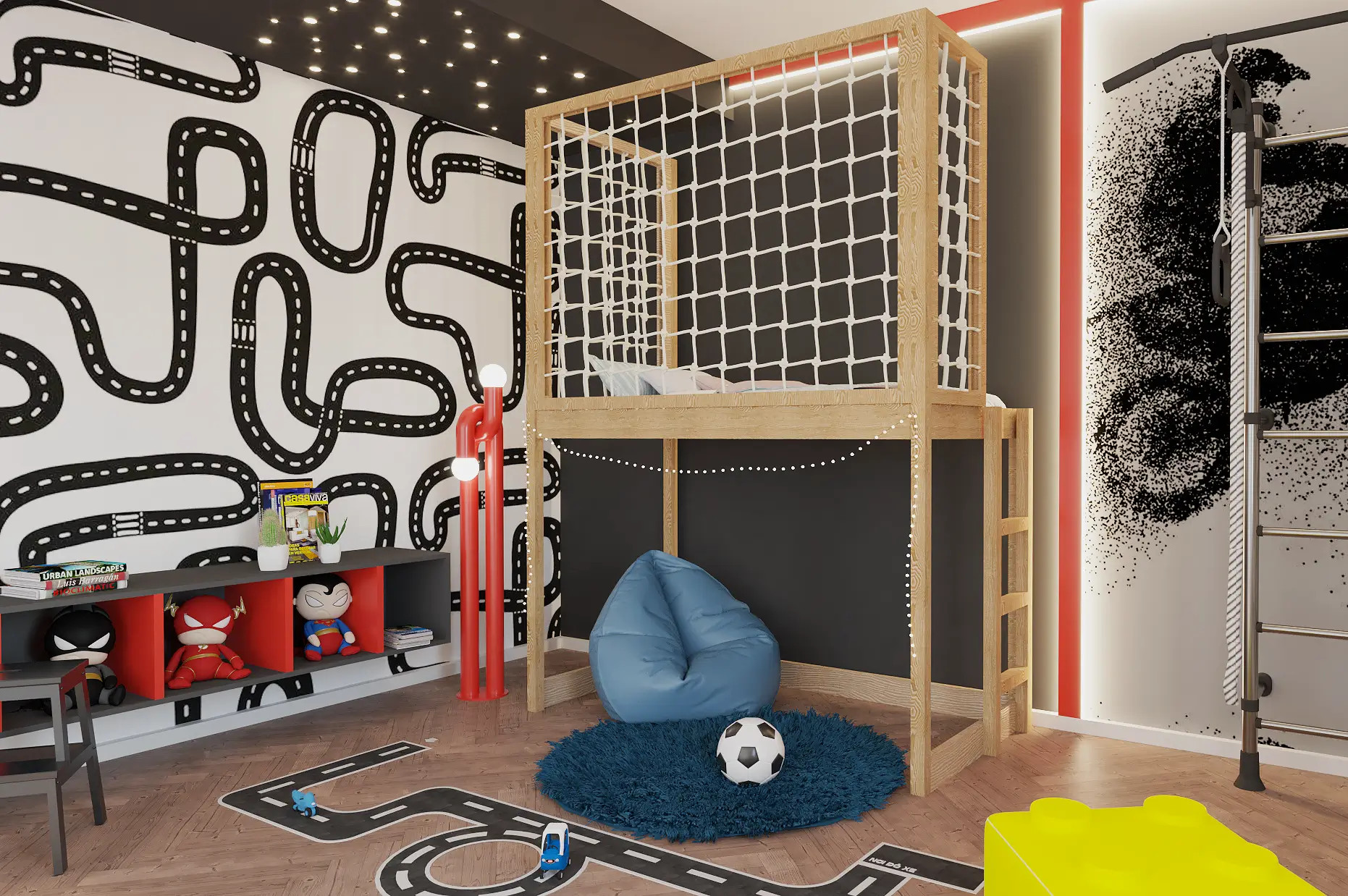Etagenbett, Kinderbett ROBIN mit Leiter und Schnurnetz - Kubuk Moebel