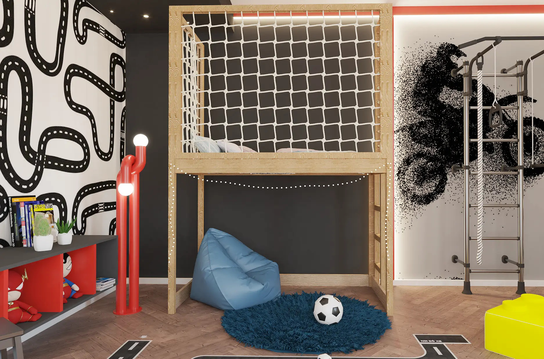 Etagenbett, Kinderbett ROBIN mit Leiter und Schnurnetz - Kubuk Moebel