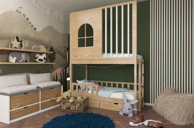 Etagenbett, Kinderbett Stella mit Gitterschutz und Leiter - Kubuk Moebel