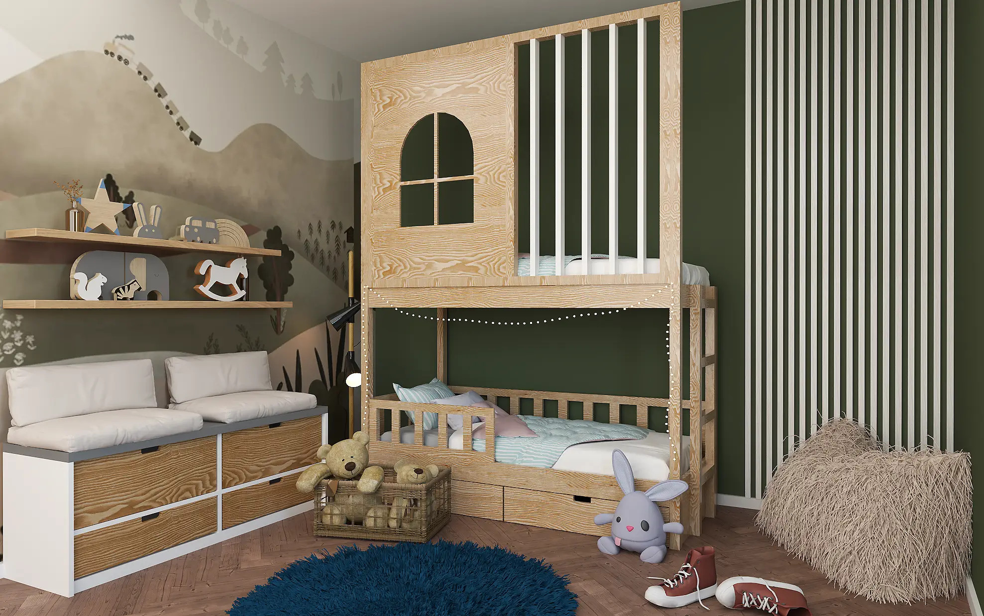 Etagenbett, Kinderbett Stella mit Gitterschutz und Leiter - Kubuk Moebel