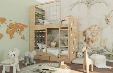 Etagenbett, Kinderbett MARBELLA mit Leiter, Bücherregal und Kletterwand