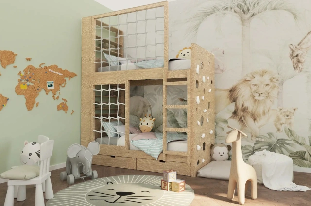 Etagenbett, Kinderbett MARBELLA mit Leiter, Bücherregal und Kletterwand - Kubuk Moebel