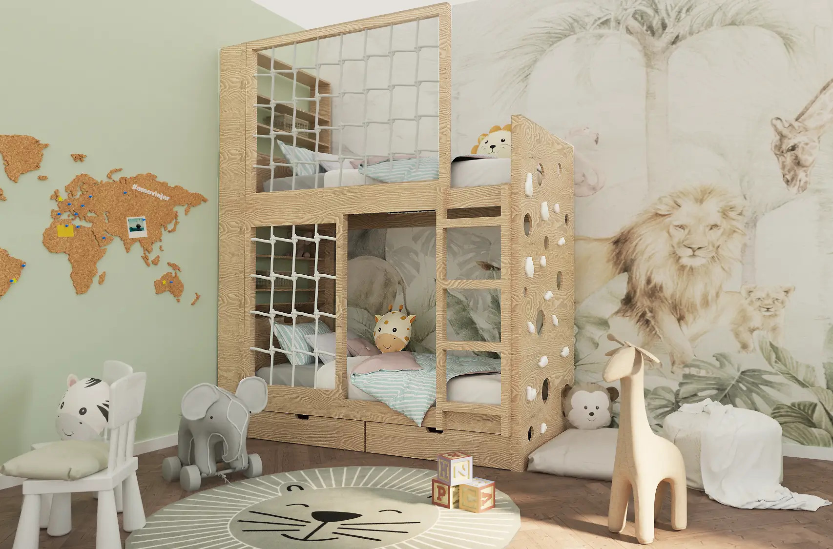 Etagenbett, Kinderbett MARBELLA mit Leiter, Bücherregal und Kletterwand - Kubuk Moebel