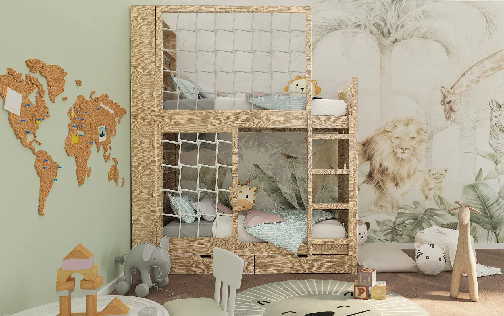 Etagenbett, Kinderbett MARBELLA mit Leiter, Bücherregal und Kletterwand - Kubuk Moebel