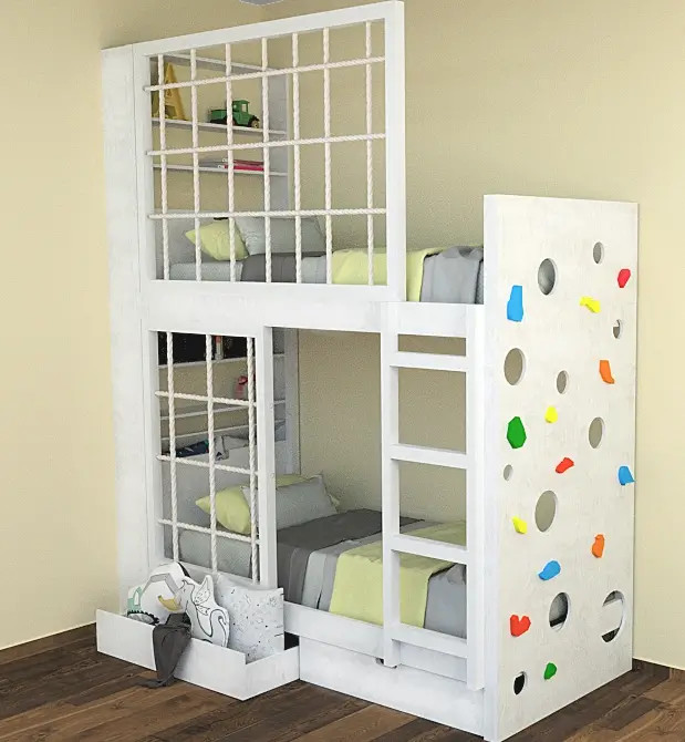 Etagenbett, Kinderbett MARBELLA mit Leiter, Bücherregal und Kletterwand - Kubuk Moebel
