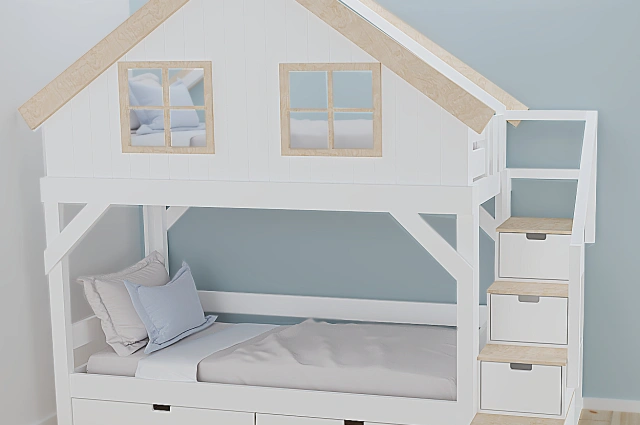 Hausbett, Etagenbett, Kinderbett YOKO mit Treppe - Kubuk Moebel