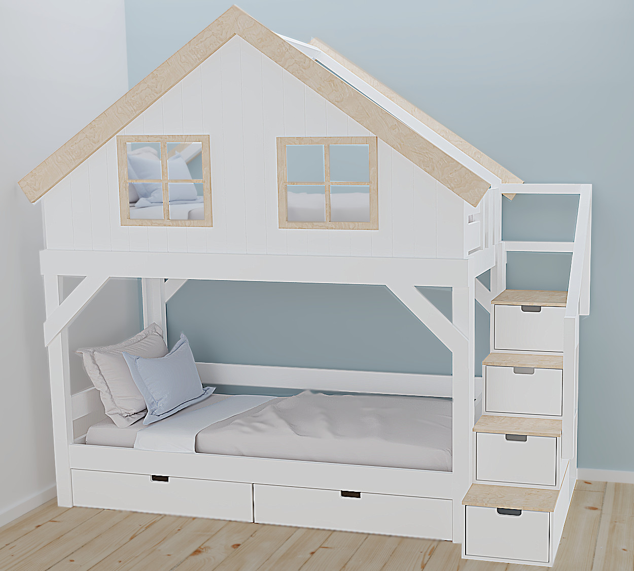 Hausbett, Etagenbett, Kinderbett YOKO mit Treppe - Kubuk Moebel
