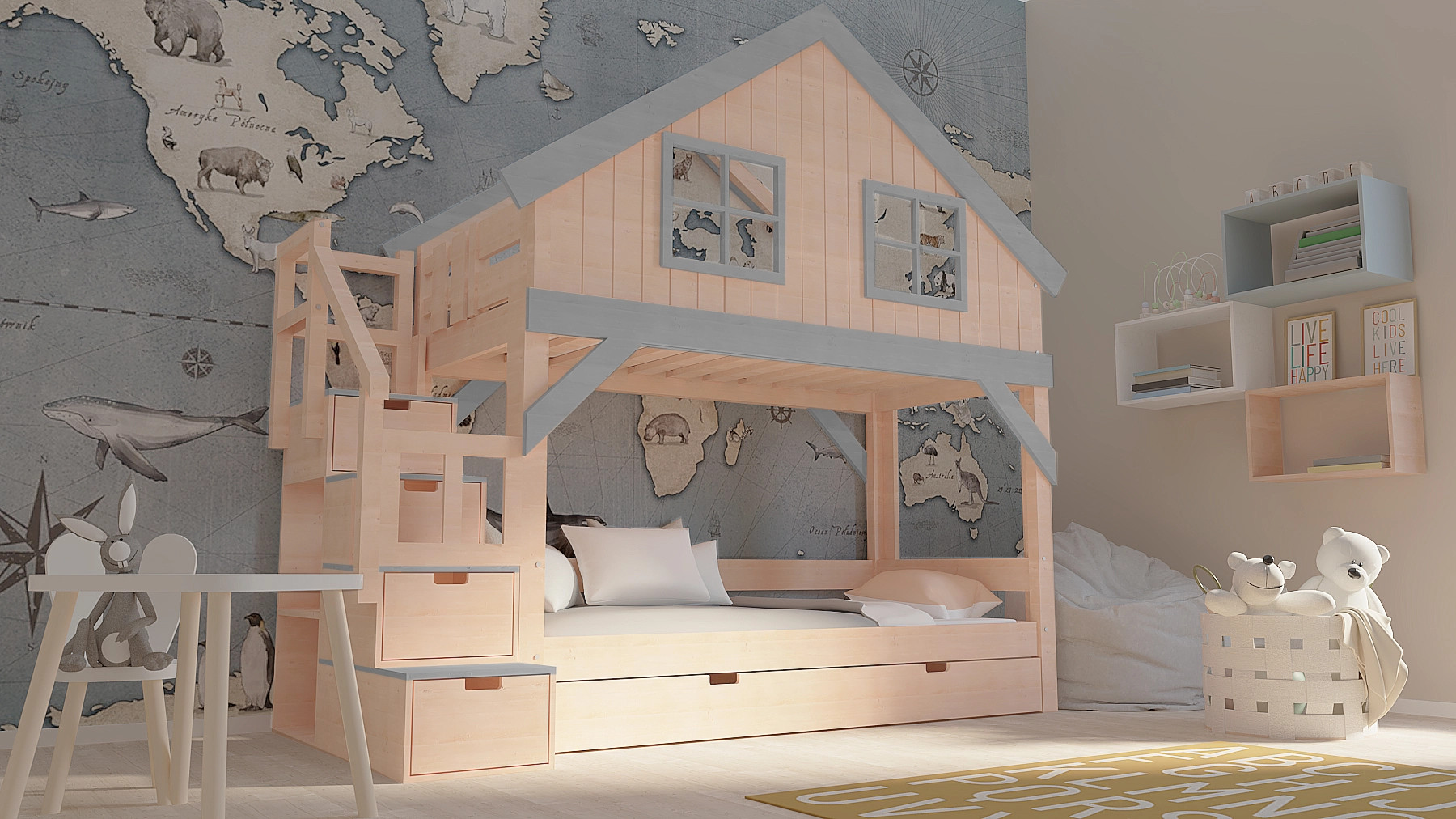 Hausbett, Etagenbett, Kinderbett YOKO mit Treppe - Kubuk Moebel