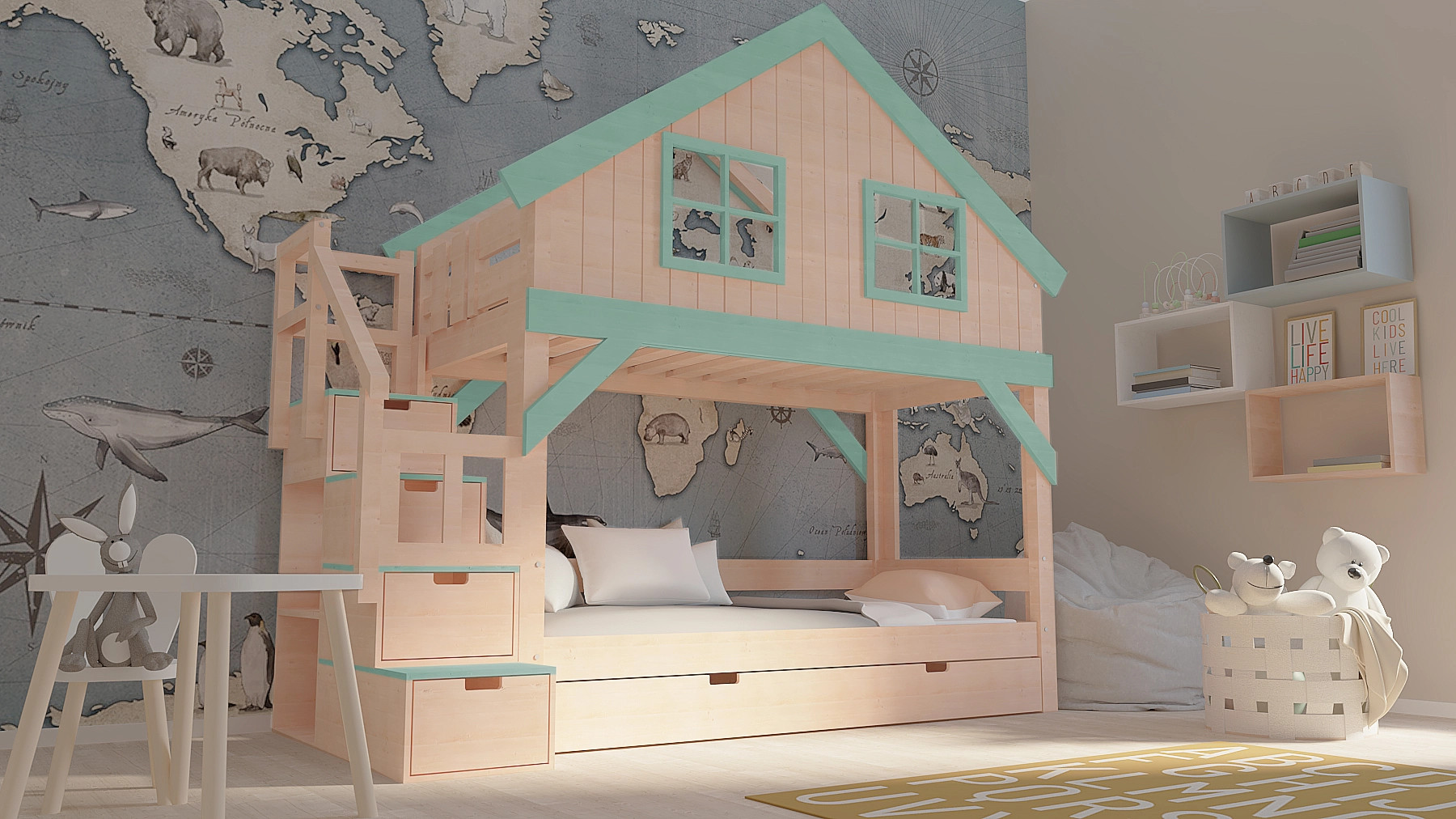 Hausbett, Etagenbett, Kinderbett YOKO mit Treppe - Kubuk Moebel