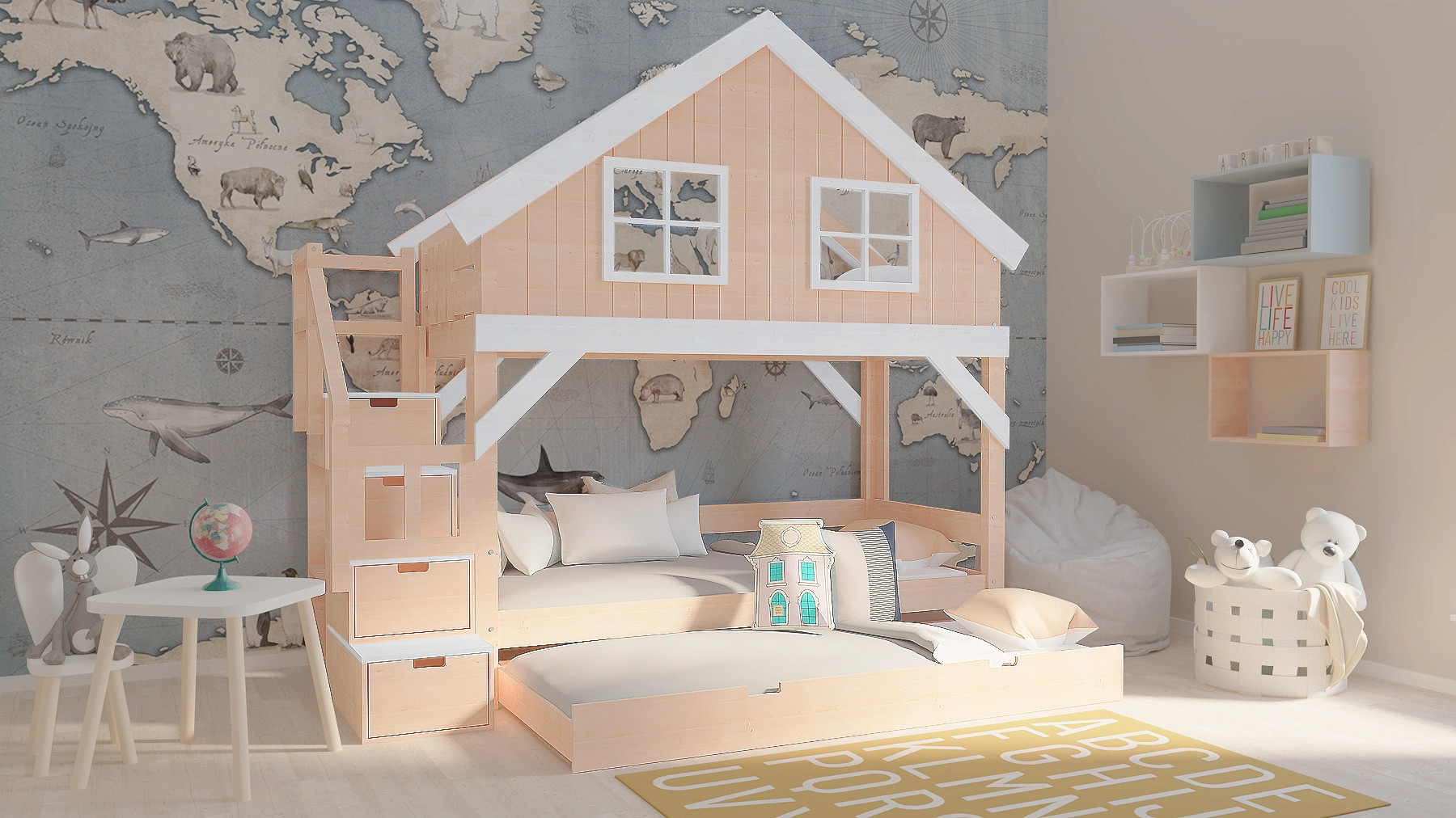 Hausbett, Etagenbett, Kinderbett YOKO mit Treppe - Kubuk Moebel