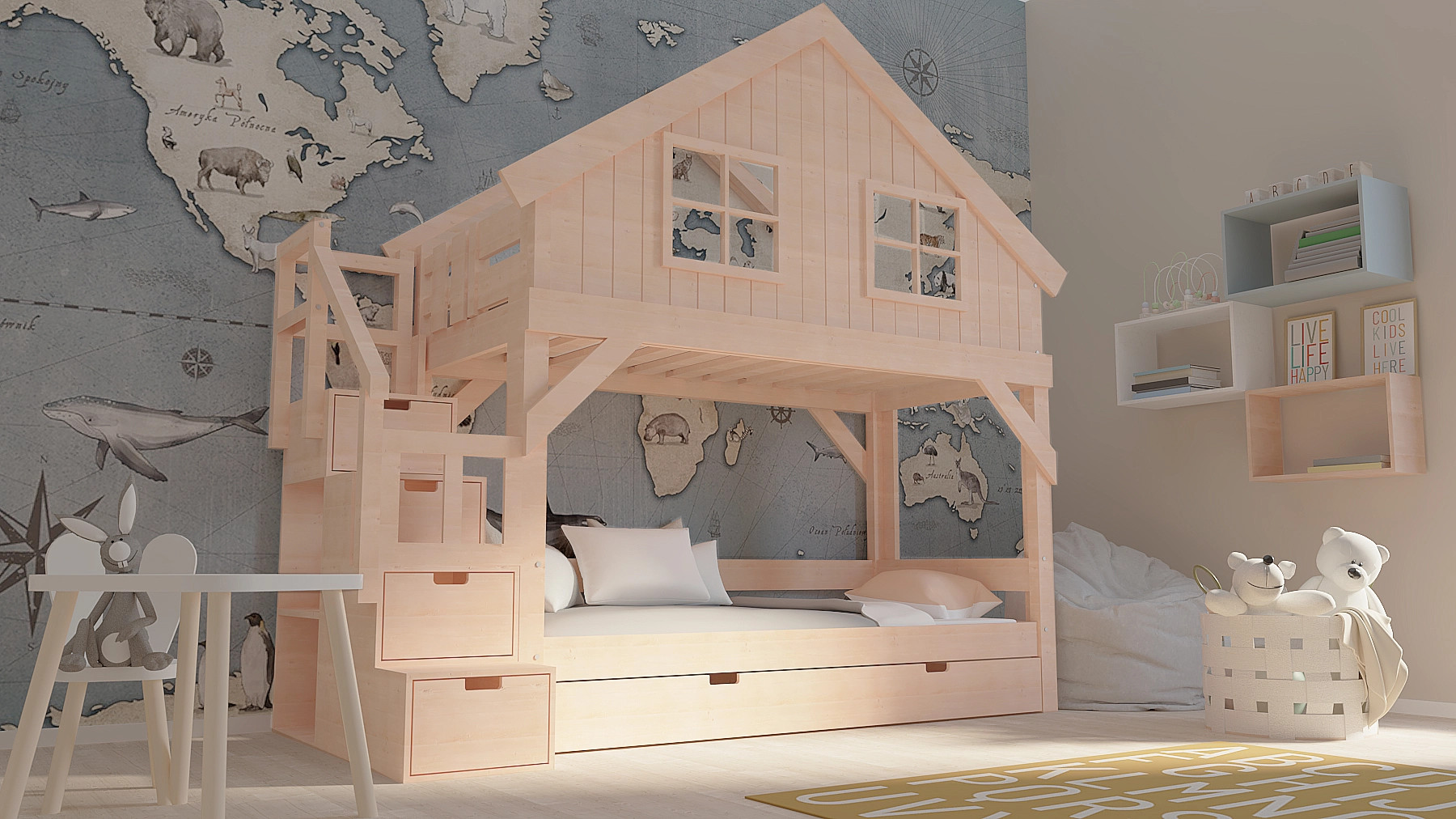 Hausbett, Etagenbett, Kinderbett YOKO mit Treppe - Kubuk Moebel