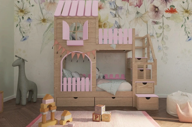 Hausbett, Etagenbett, Kinderbett PIKO mit Treppe - Kubuk Moebel