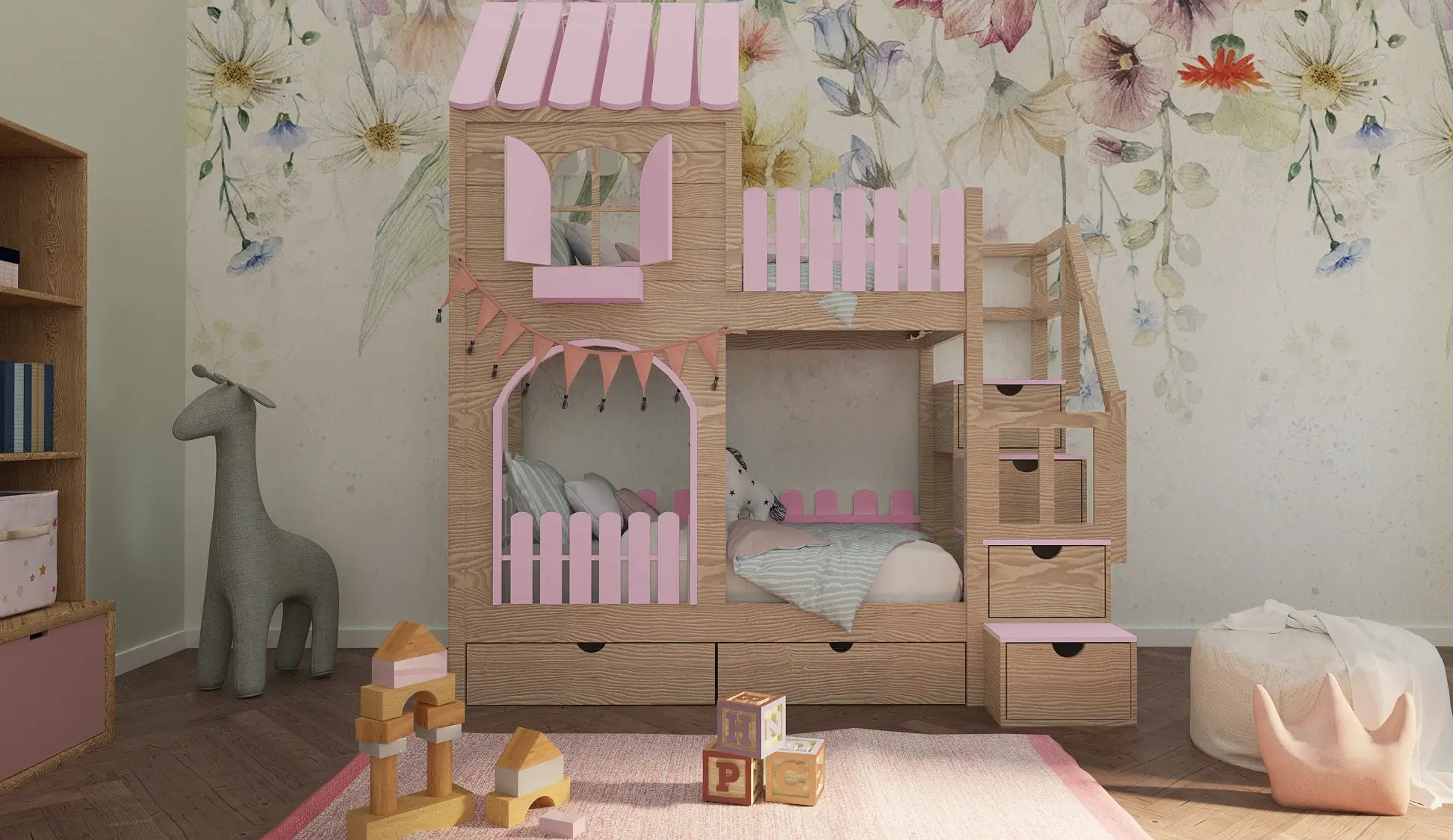 Hausbett, Etagenbett, Kinderbett PIKO mit Treppe - Kubuk Moebel