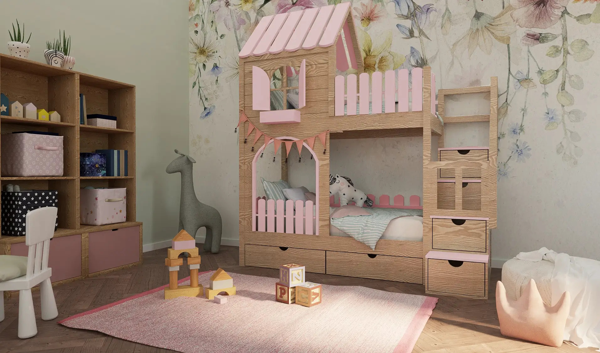 Hausbett, Etagenbett, Kinderbett PIKO mit Treppe - Kubuk Moebel