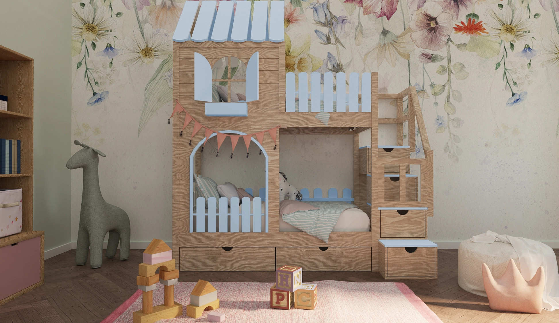 Hausbett, Etagenbett, Kinderbett PIKO mit Treppe - Kubuk Moebel