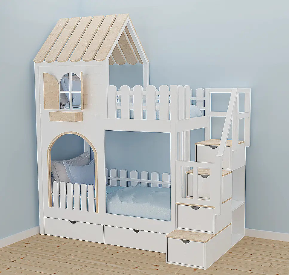 Hausbett, Etagenbett, Kinderbett PIKO mit Treppe - Kubuk Moebel