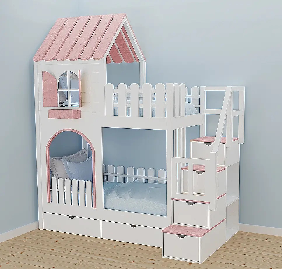 Hausbett, Etagenbett, Kinderbett PIKO mit Treppe - Kubuk Moebel