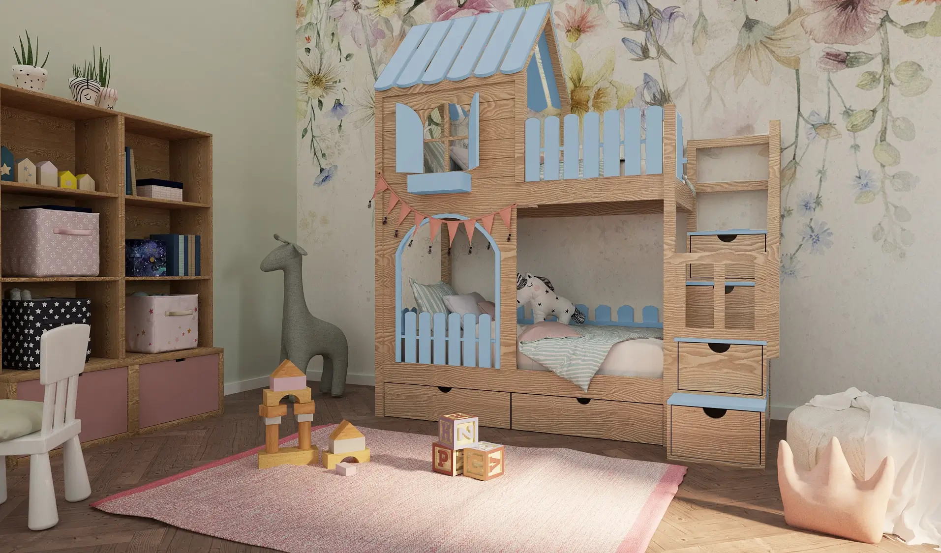 Hausbett, Etagenbett, Kinderbett PIKO mit Treppe - Kubuk Moebel