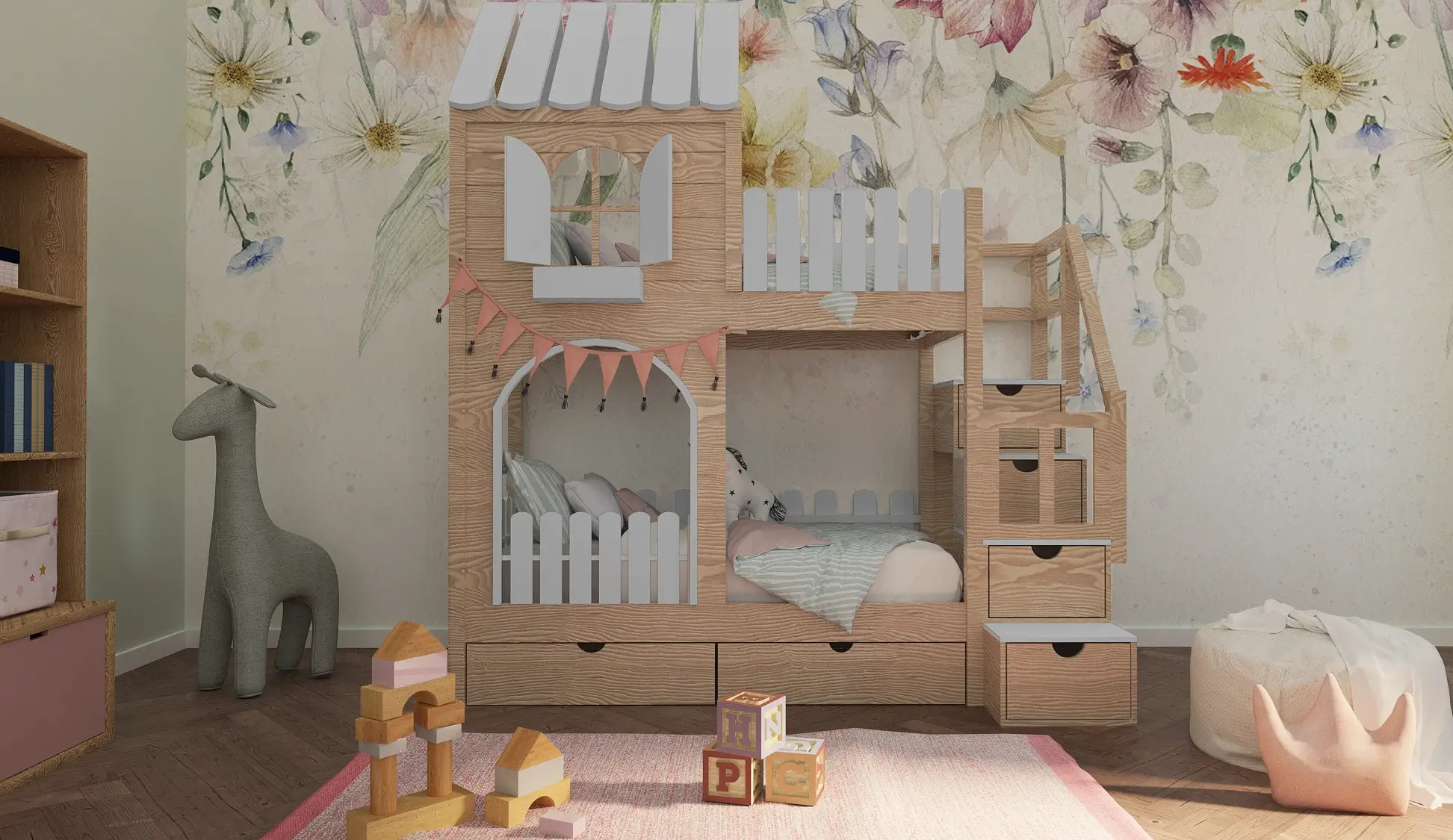 Hausbett, Etagenbett, Kinderbett PIKO mit Treppe - Kubuk Moebel